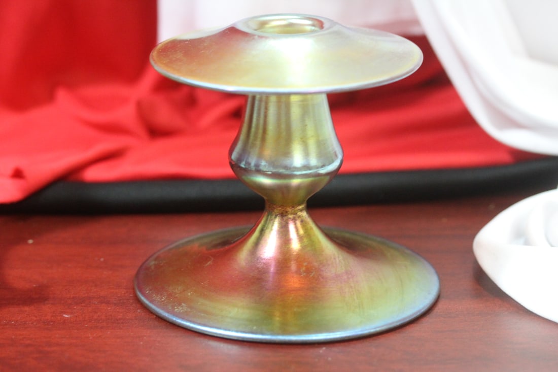 A Signed Steuben Aurene Candle Holder: 5" tall