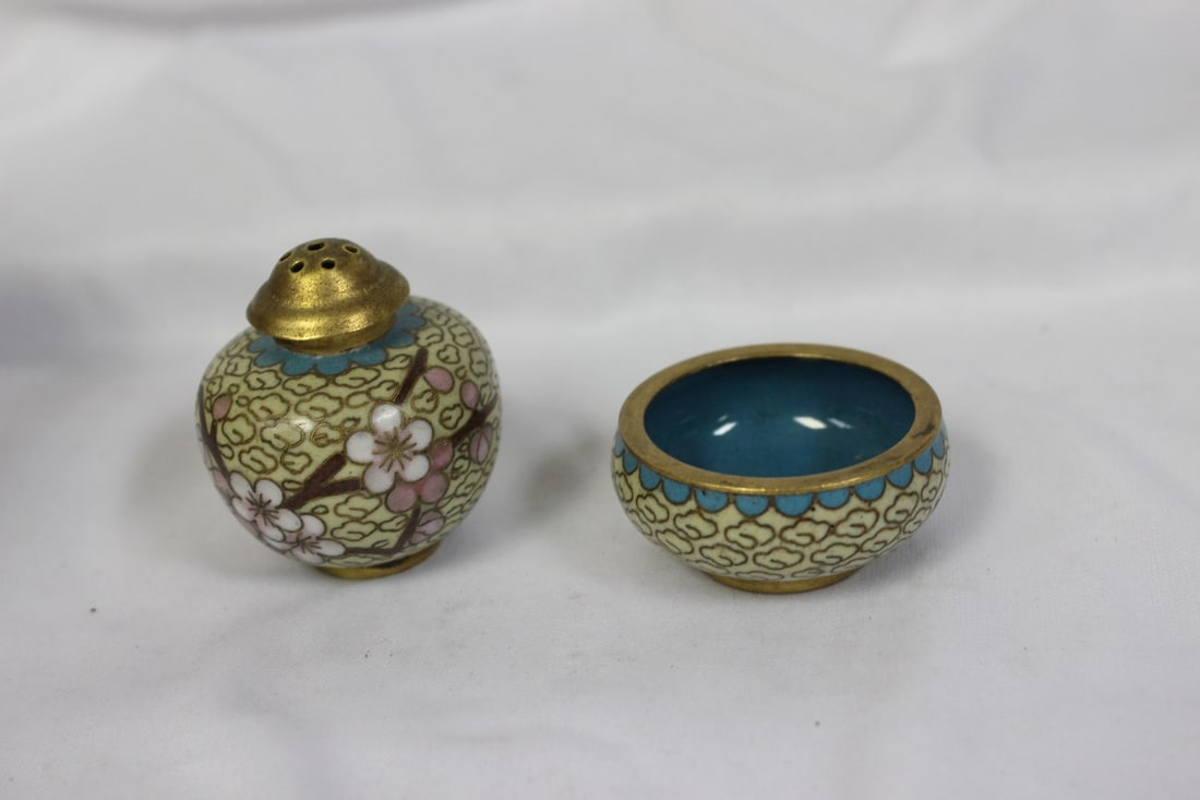 Set of Two Chinese Cloisonne Salt and Pepper: shaker/container - taller=2 inches