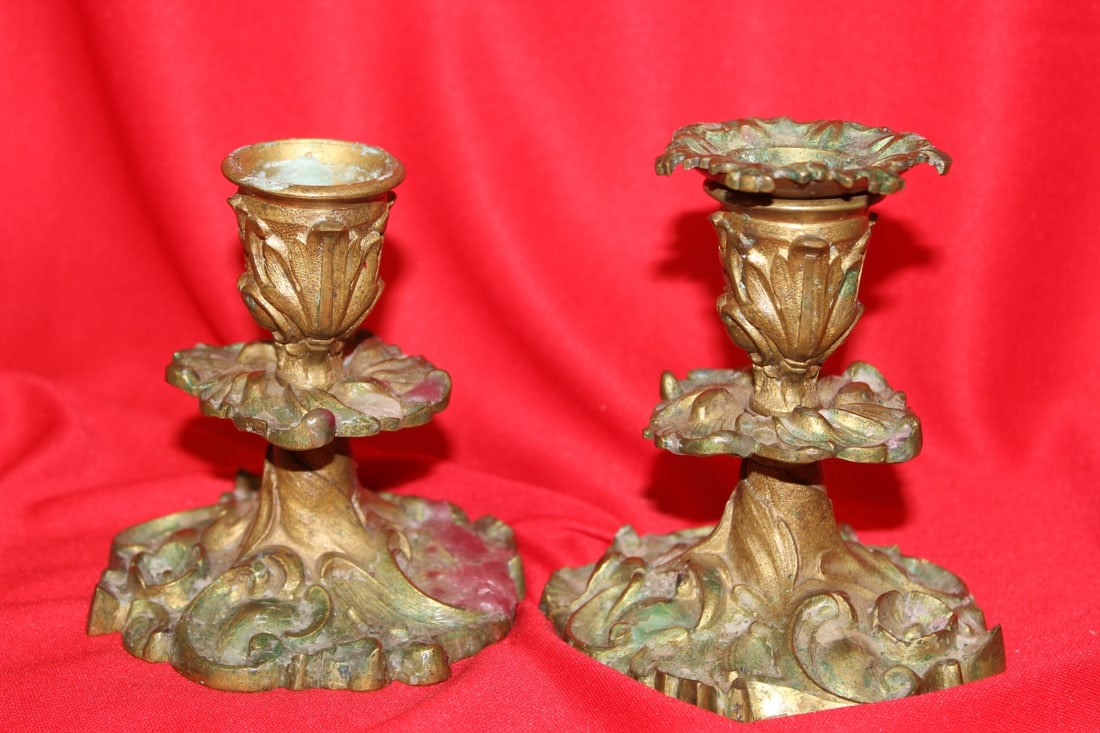 Pair of Candlesticks: metal - 4 1/4" tall - please note: one of them is missing top - old
