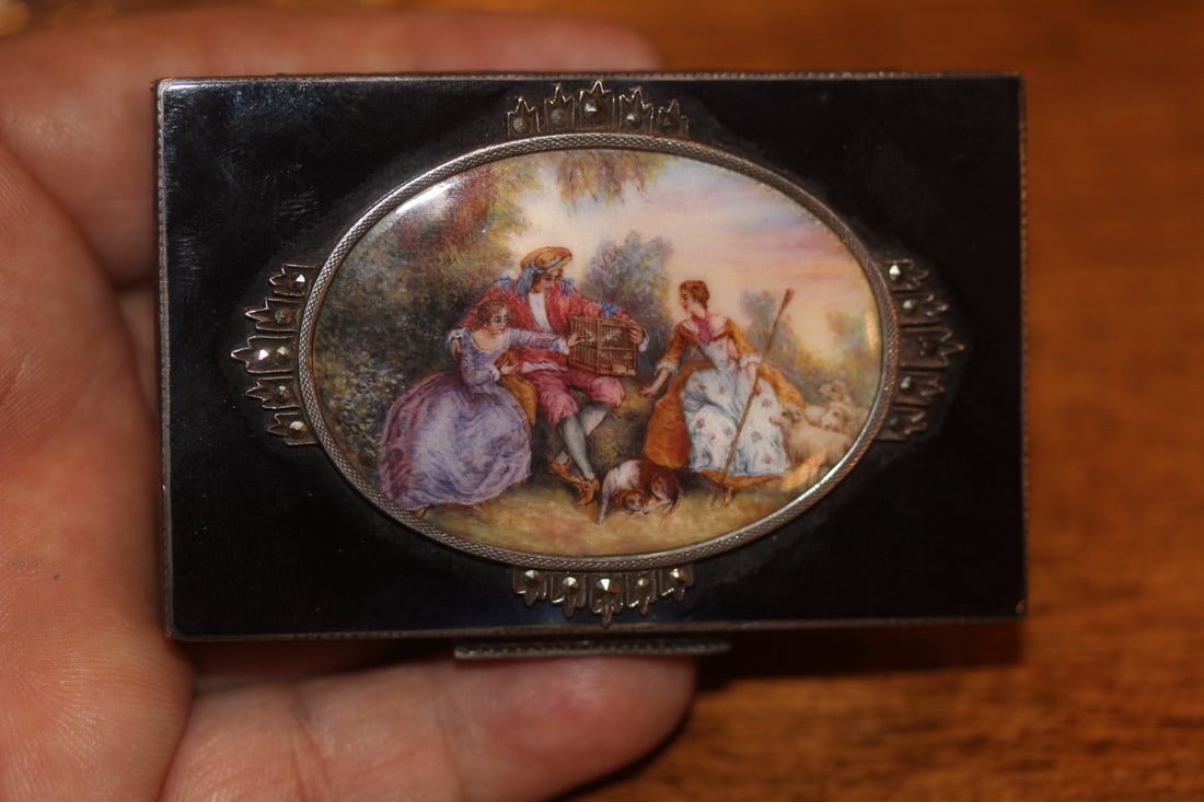 Sterling Enameled Guilloche Pill Box: 19th century - hand painted gold wash - marked 925 - most likely English - 3 inches across