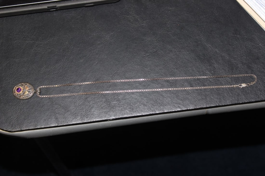 A Black Hill Gold and Sterling Pendant and Chain: 10Kt - Overall= 11 inches long - gemstone= unknown