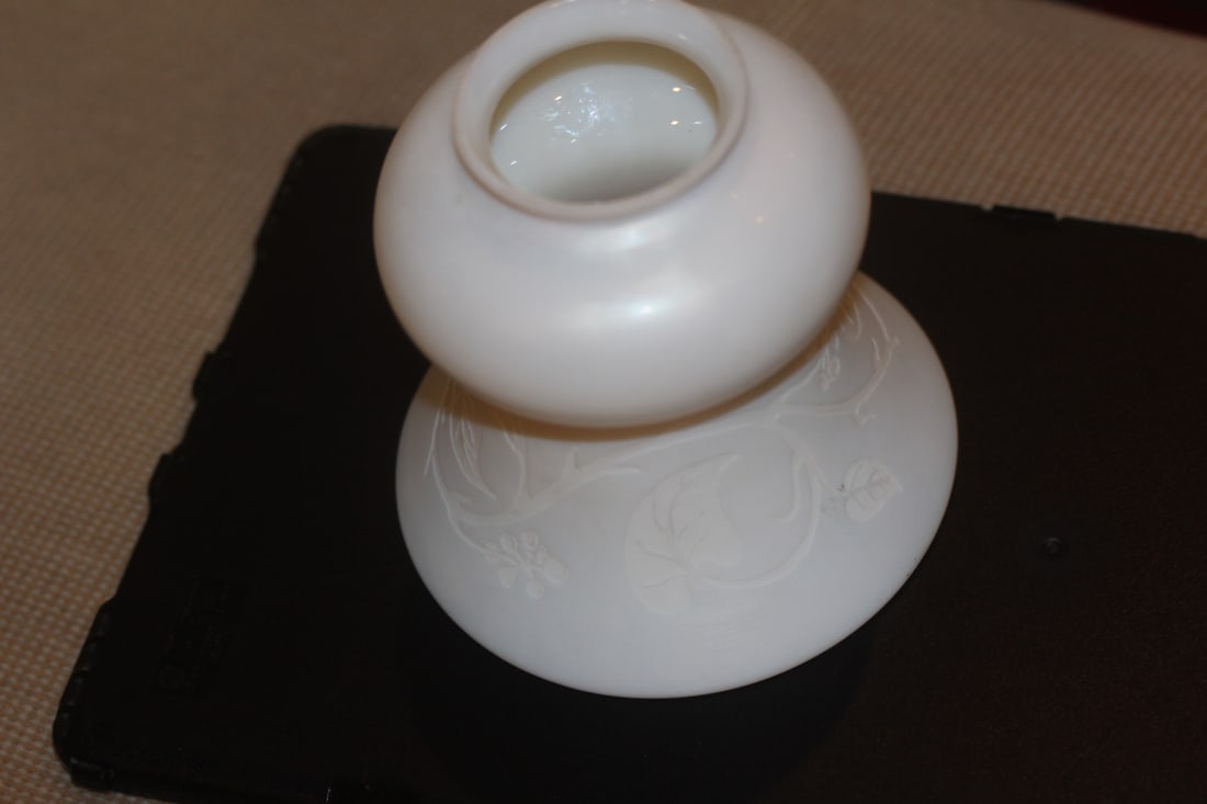 Steuben Calcite Etched Glass Lamp Shade: underneath inside diameter= 1 1/2" - 5" tall