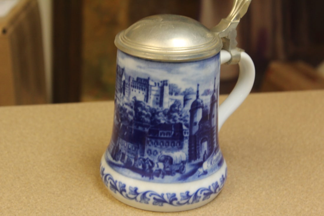 German Flow Blue Stein: 7" tall