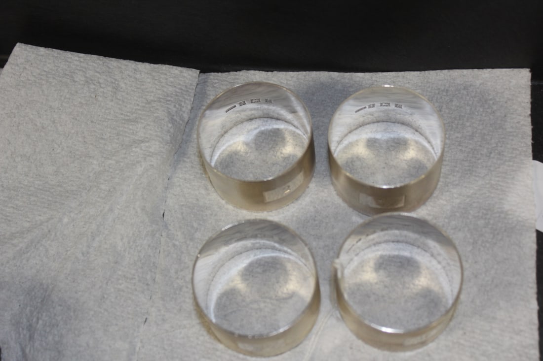 Set of 4 Sterling Napkin Rings: individually numbered for guests - by Dingley Brothers - rare - total weight - 41 ounces