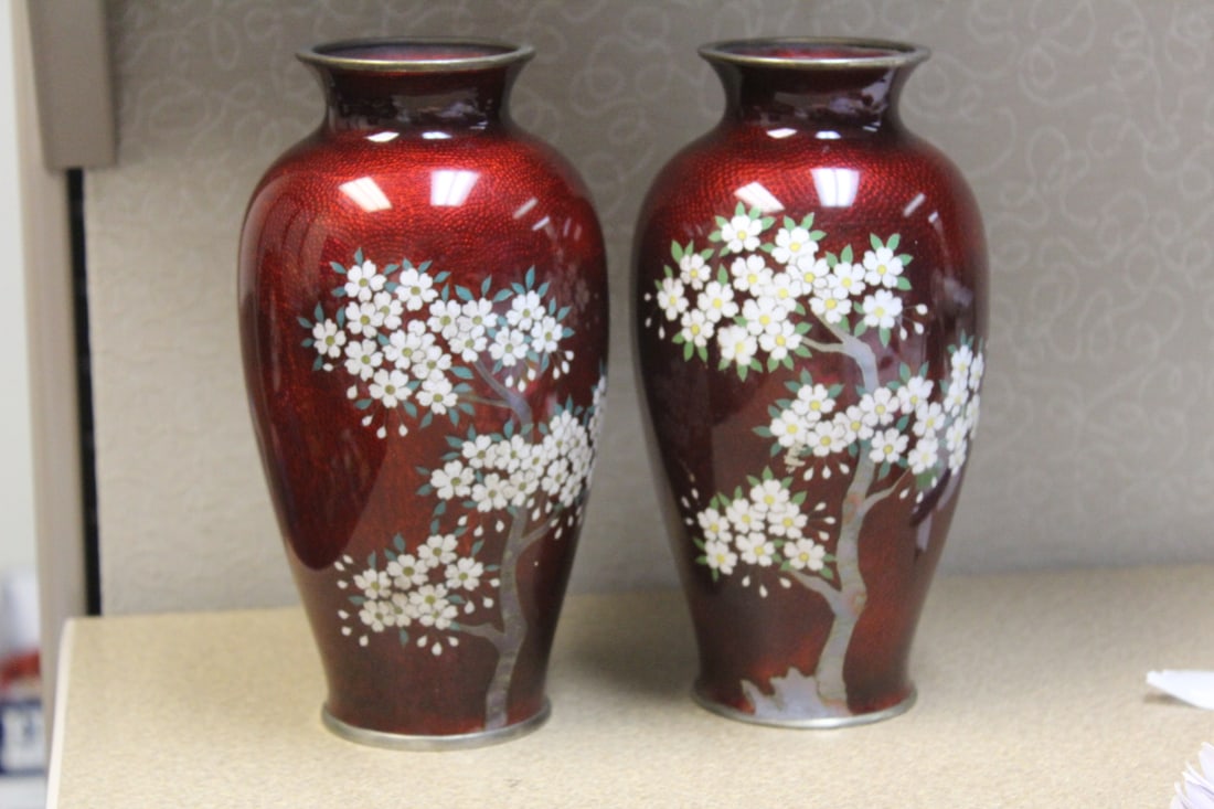 Pair of Signed Japanese Yamamoto Cloisonne Vases: 7 1/2" tall each - pigeon blood background