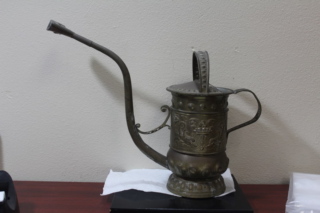 A Copper Water Pot: Vintage - with dolphin design - tallest point= 14 3/4"