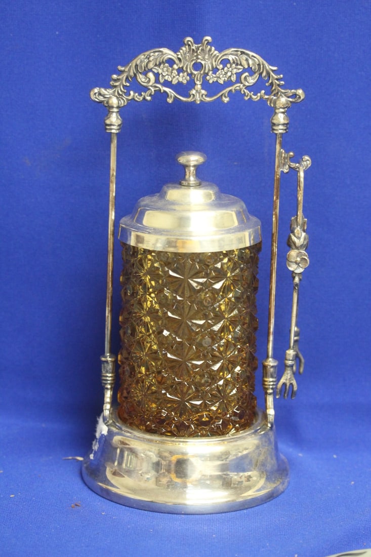 Victorian - Style Pickle Castor: with tong - amber glass container - exact age unknown - 10 3/4" tall