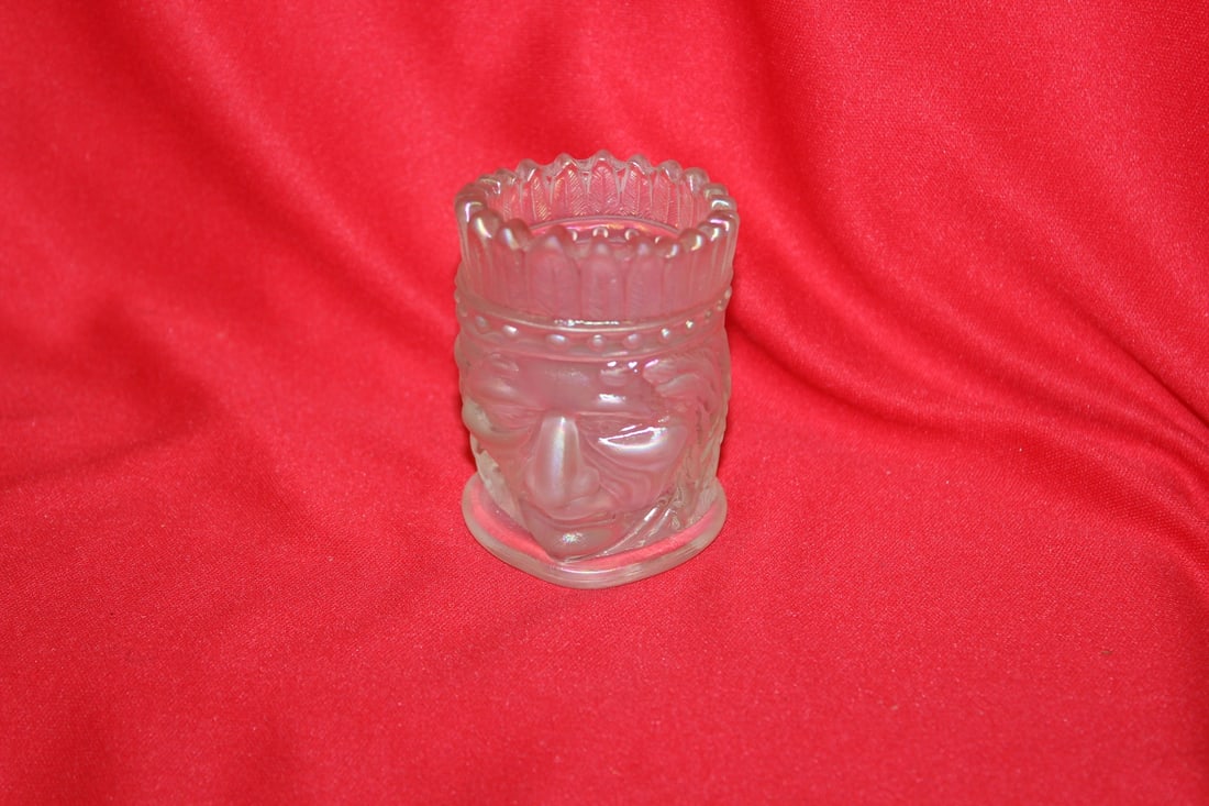 Marked Joe St.Claire Indian chief Toothpick Holder: Iridesent glass - 3 inches tall