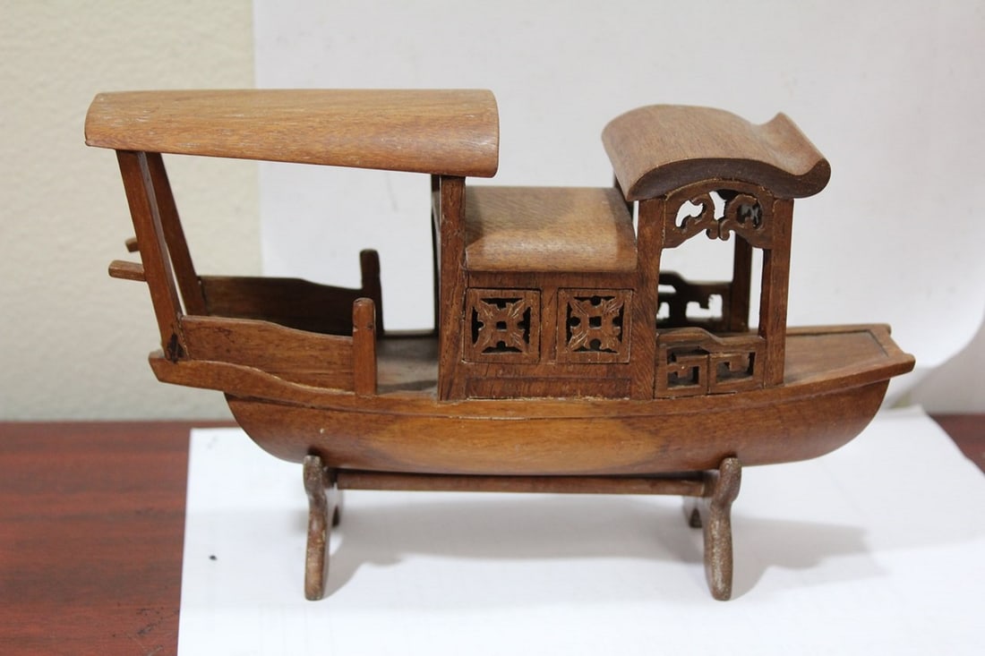A Chinese Wooden Boat with Stand: 9 3/4" long