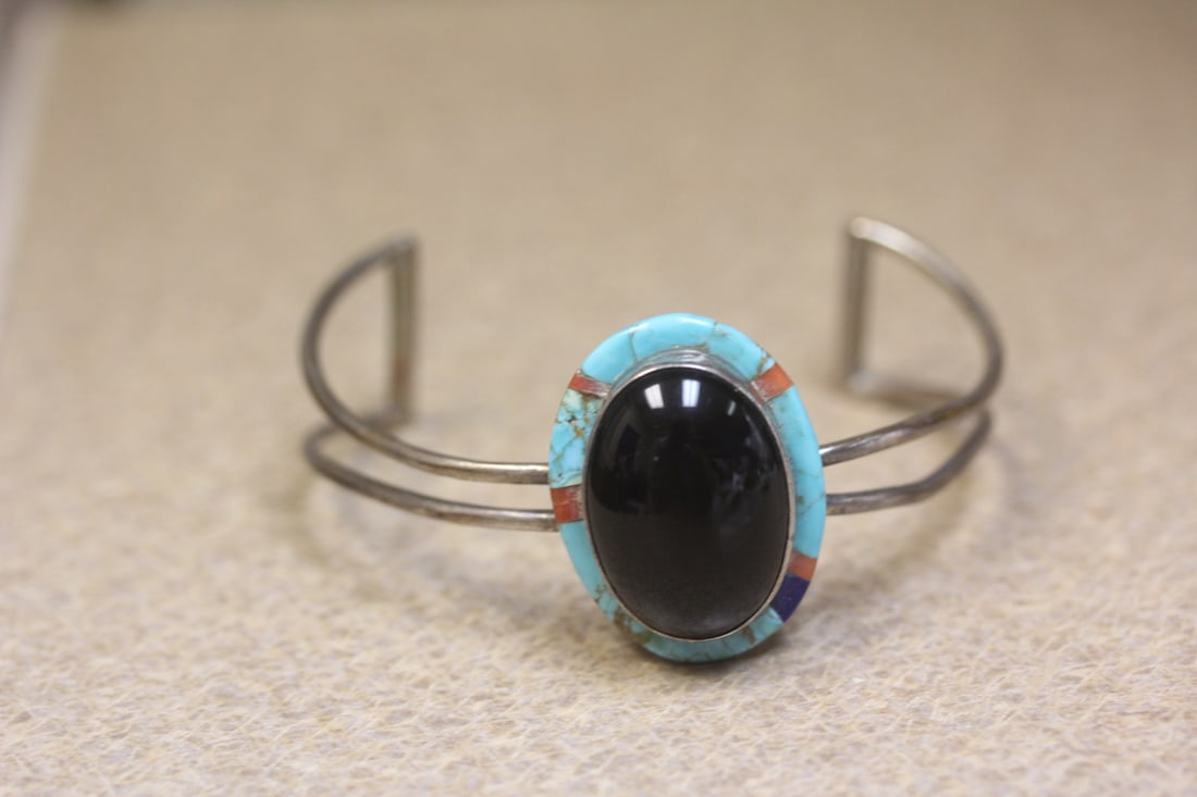 Onyx Turquoise Sterling Bracelet: signed T.Y. - Native American, most likely Navajo