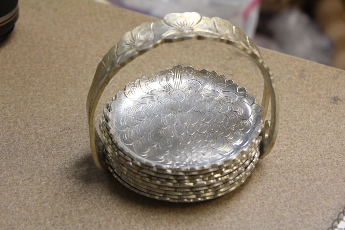 Brilliantone Wild Rose Aluminum Coasters: stacking coasters - total of eight coasters- tallest= 4 1/8"