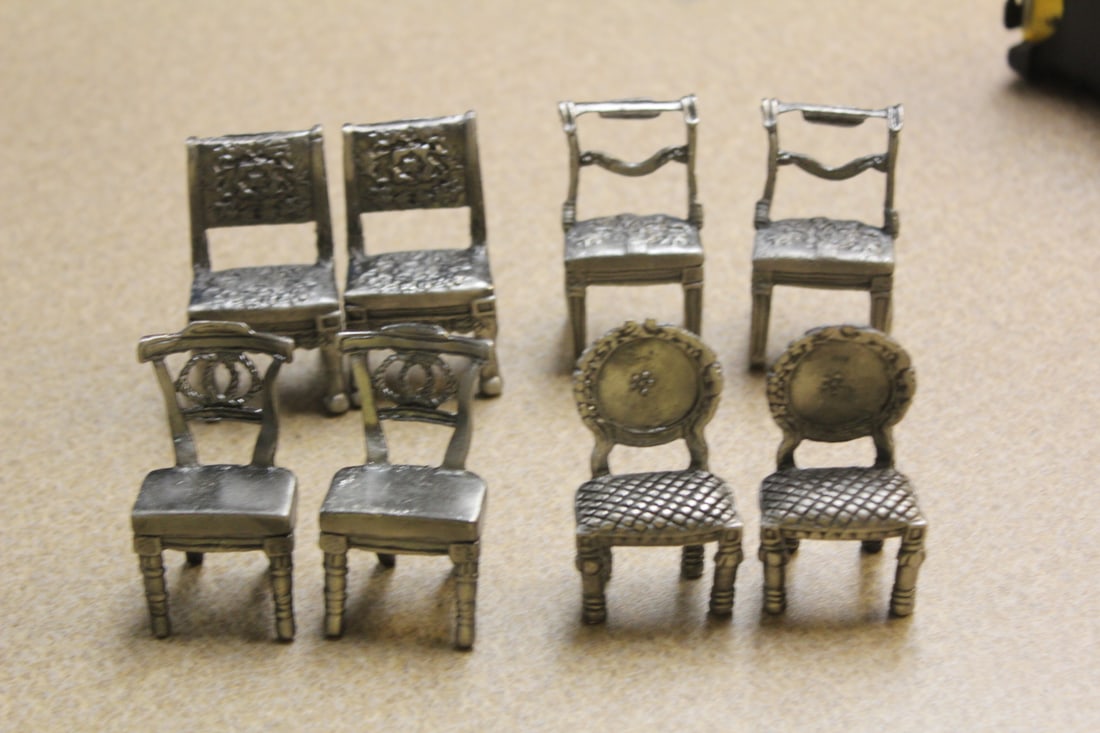 Set of 8 Miniature Pewter Chairs: each approximately 2" tall