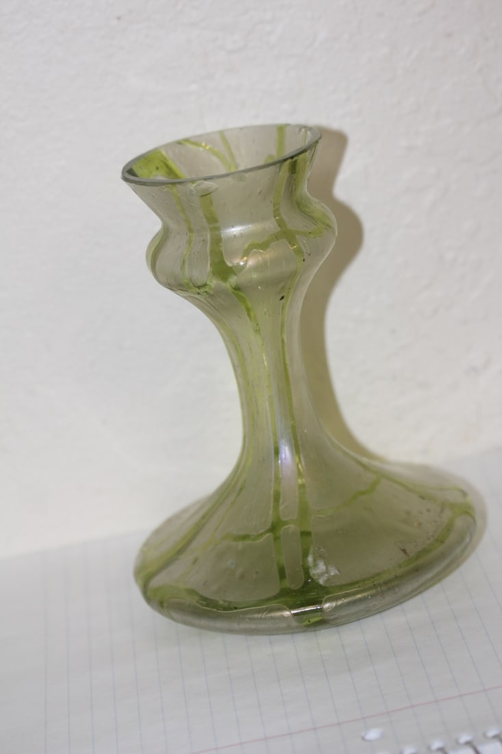 Antique Iridescent Glass Vase: Loetz or Loetz-style - please note: tiny flea bites along the rim - 6 inches tall