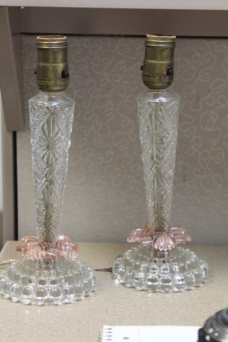 Pair of Press Glass Lamps: please note: needs to be rewired - approximately 11" tall each