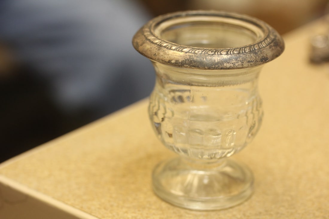 Sterling Rim and Glass Toothpick Holder: 3 1/8" tall