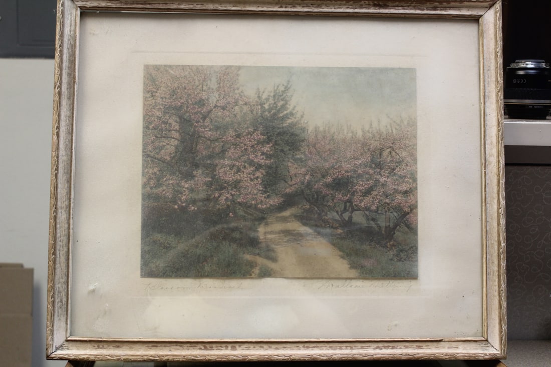 Framed Wallace Nutting Hand Signed Print: blossom bordered - overall= 21 3/4" x 18"