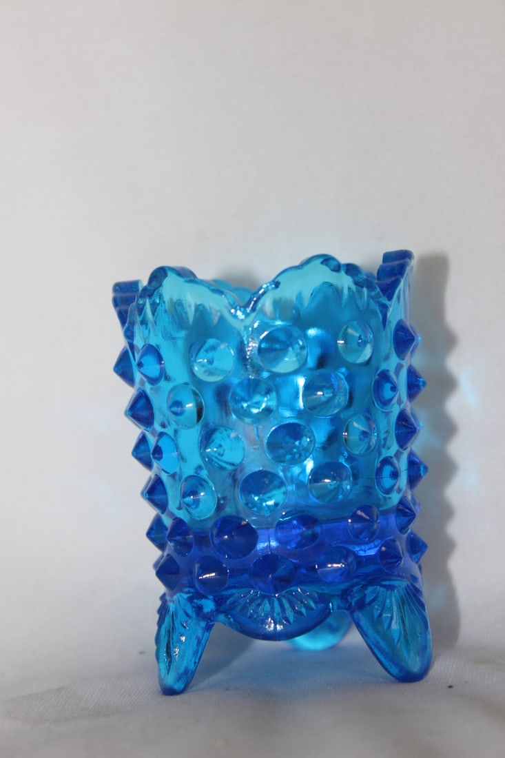 A Blue Glass Toothpick Holder: 3" tall