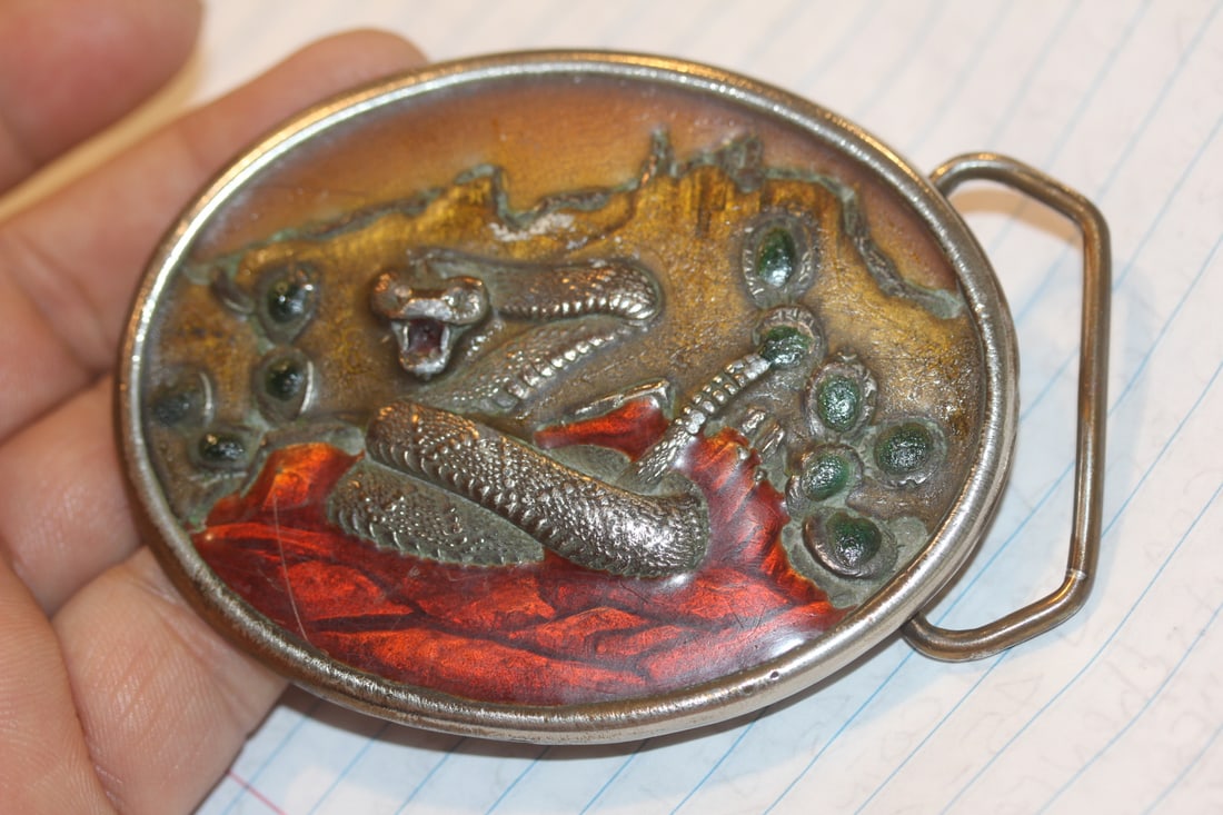 Enamel Rattle Snake Belt Buckle: 3 1/4" across