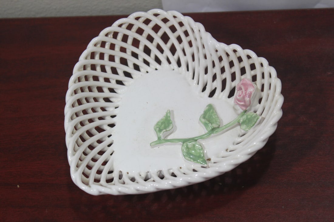 A Reticulated Ceramic Heart Shape Bowl: 6 3/4" across