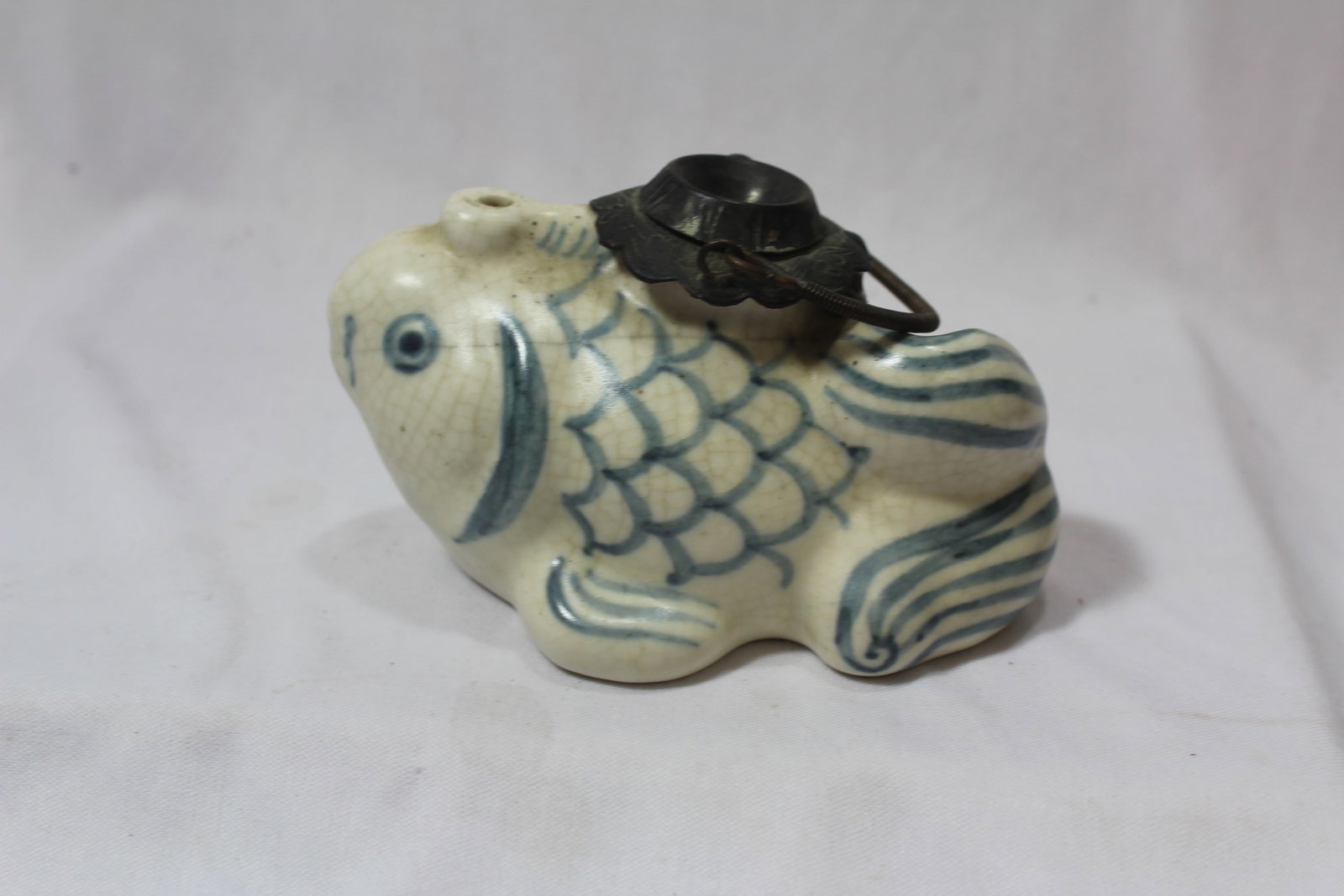 An Antique/Vintage Blue and White Water Dropper: Fish form - Chinese/Japanese/Korean - 5 inhces long