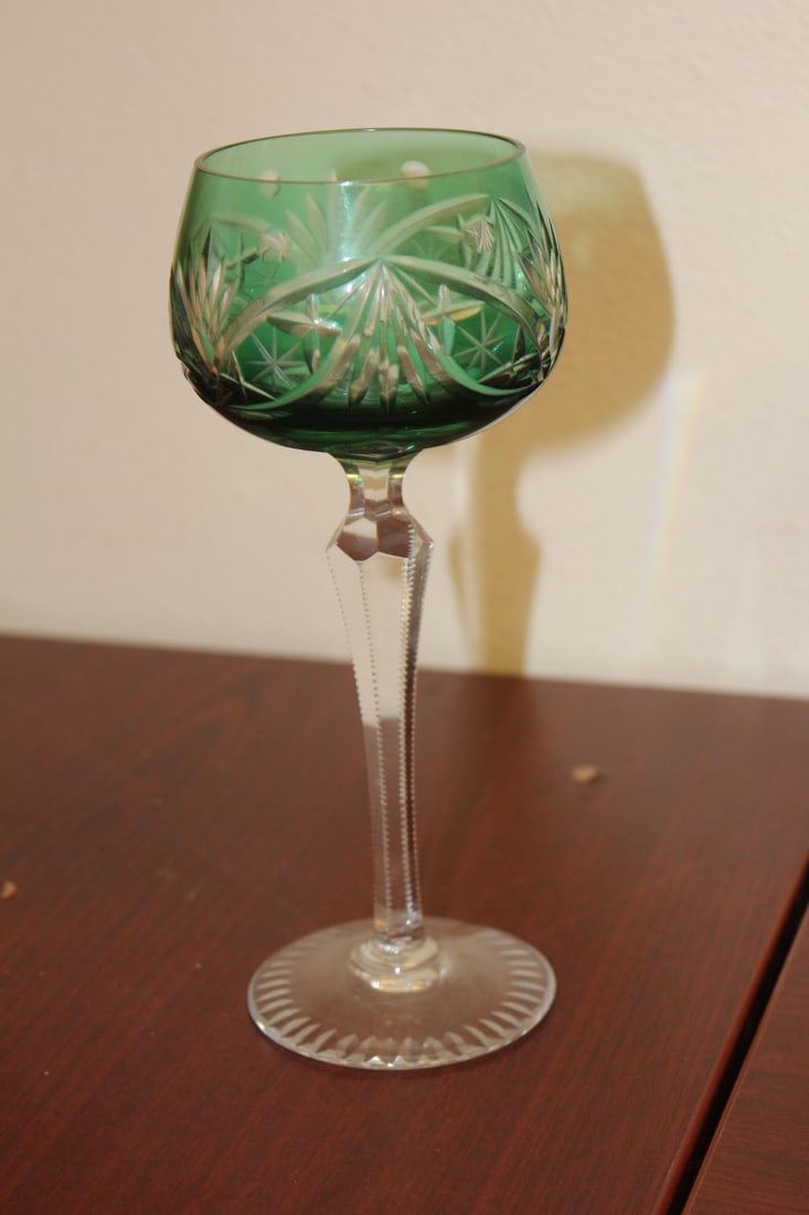 A Green Cut Glass Goblet: 7 1/2" tall