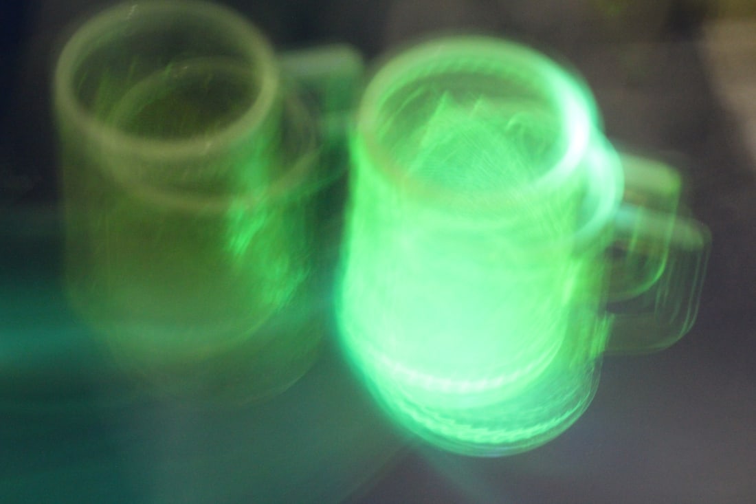 Set of 2 Opalescent Vaseline Swan Glass Cups: very rare - artist signed - limited edition - signed and numbered - 4 inches tall each