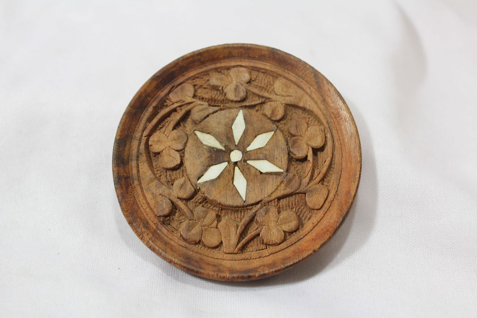 An Inlaid Wooden Coaster: 3" in diameter