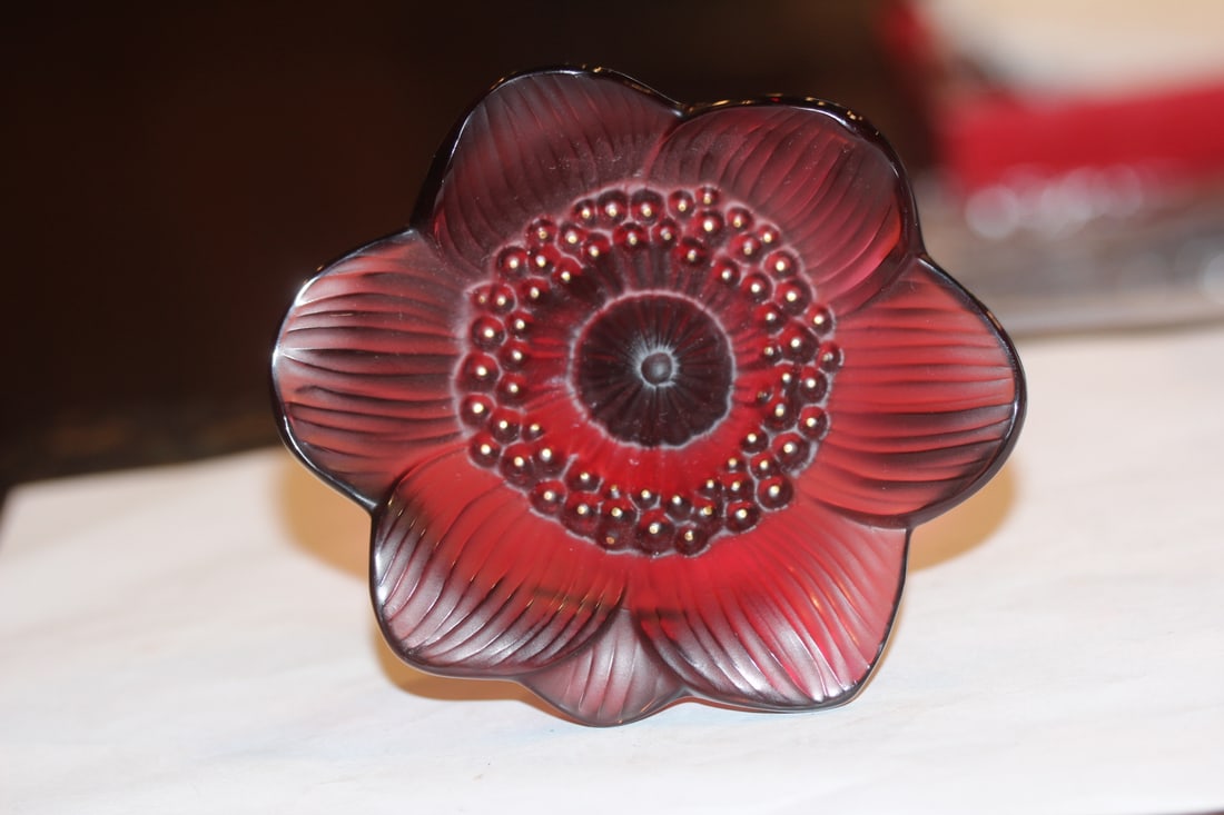Signed Lalique, France Cranberry Flower: rare - 4 1/8" across