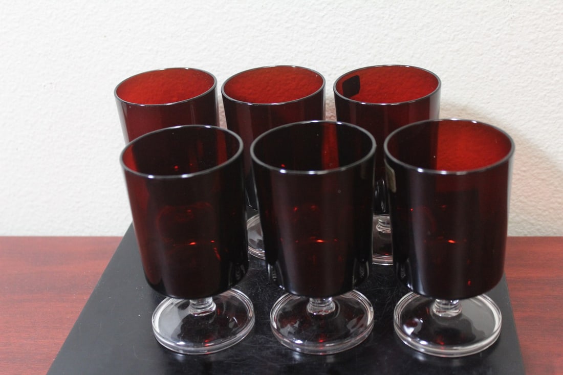 Lot of 6 Ruby Red Water Goblets: each measures 4 5/8" tall