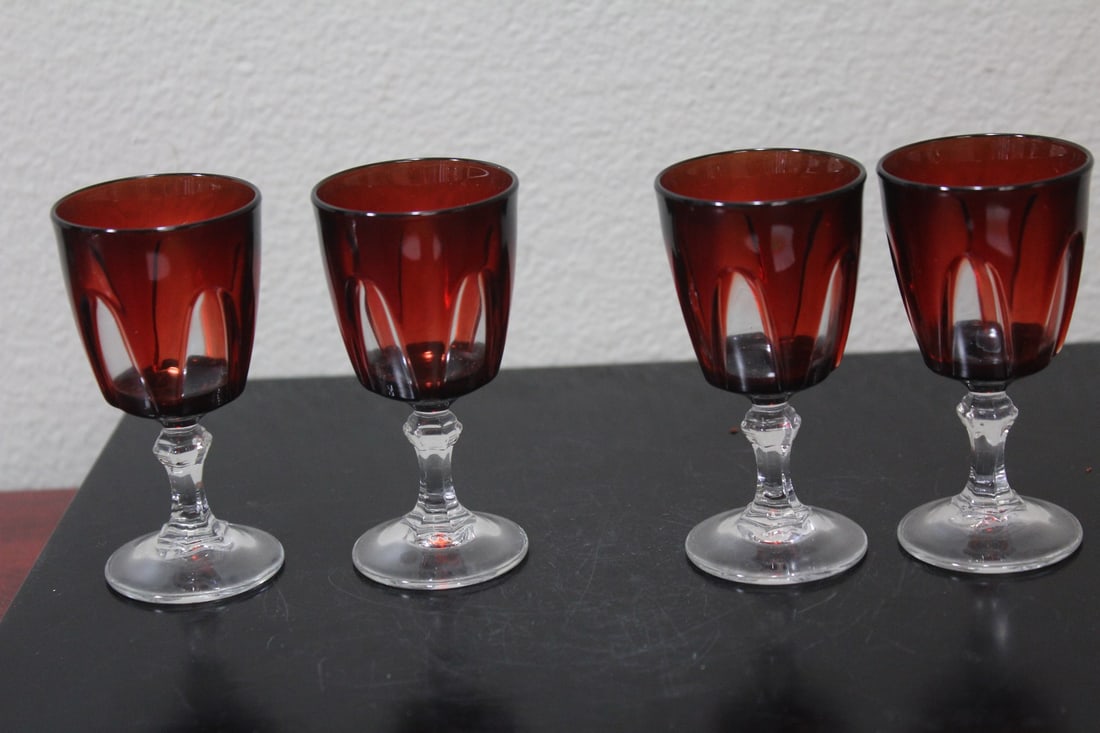 Set of 4 Ruby Red Glass Stem Cups: 3 1/4" tall