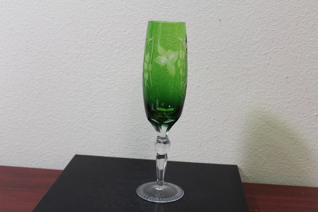 A Green Cut Glass Goblet: 8 7/8" tall