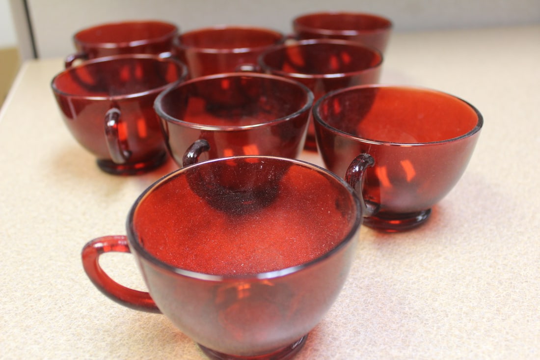 Set of 8 Ruby Red Glass Cups: 3 1/4" in diameter - without the handle