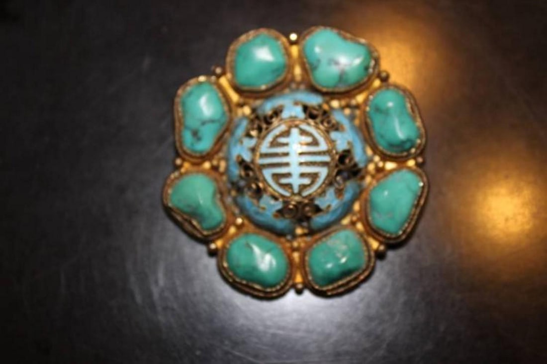 Chinese Filigree and Turquoise / Malachite Brooch: Antique / Vintage - 2 inches in diameter - Early 20th century. Marked silver on the back.