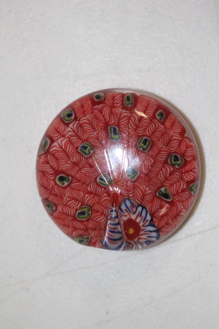 Artglass Millifiori Peacock Form Paperweight: 3 1/8" in diameter