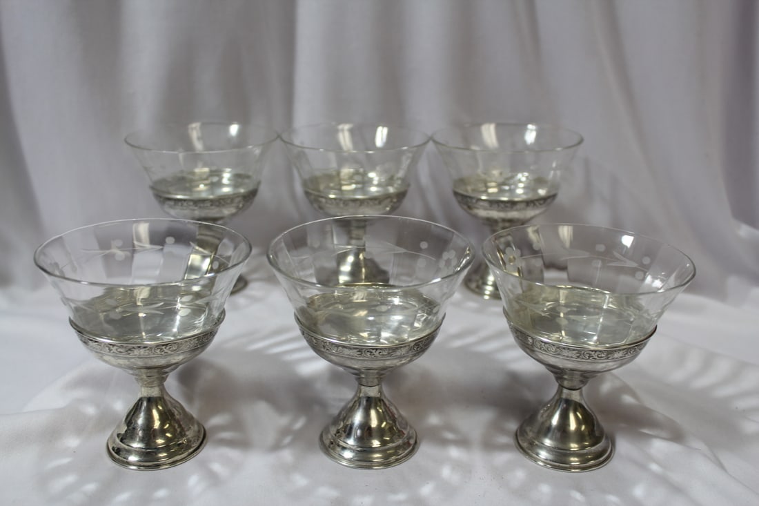 Set of 6 Sterling Base Serbet Cups: all etched - each measures 4" tall