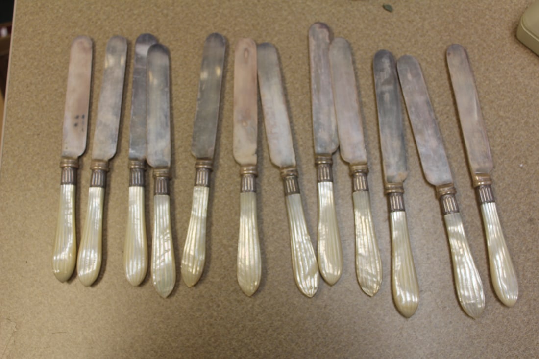 Mother of Pearl and Sterling Band Knives: set if 12 - 8 5/8" long