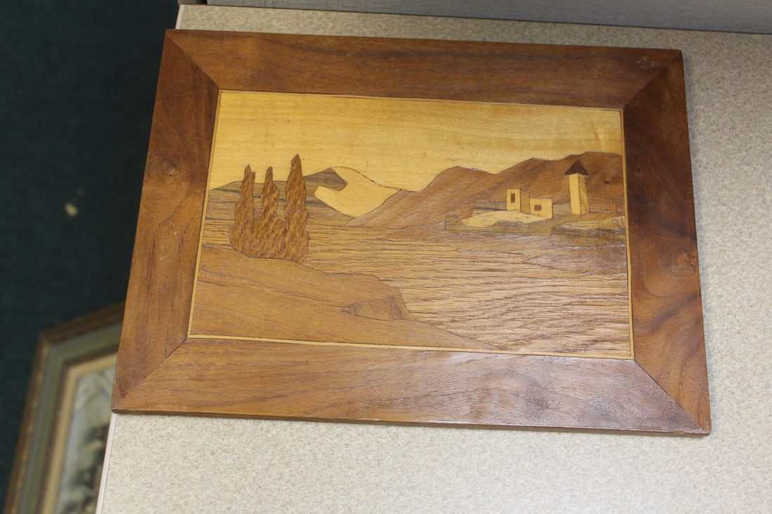 Vintage Wood Inlay Marquetry Art: overall= 12 1/8" x 9 1/8"