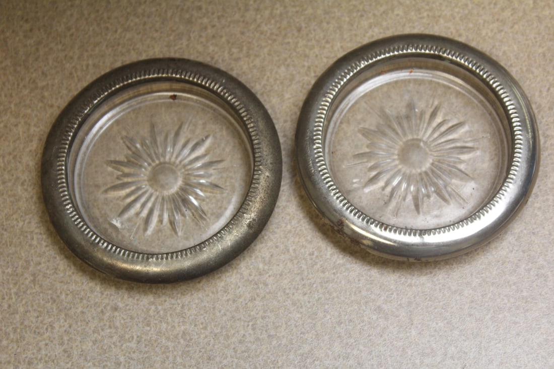 Lot of 2 Silverplated and Glass Coasters: 3 7/8" in diameter