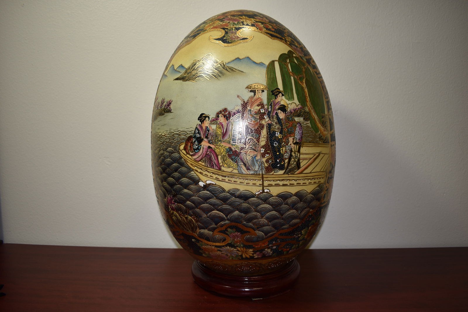 A Large, Satsuma Style Porcelain Egg on Stand: egg only approximately 17" tall
