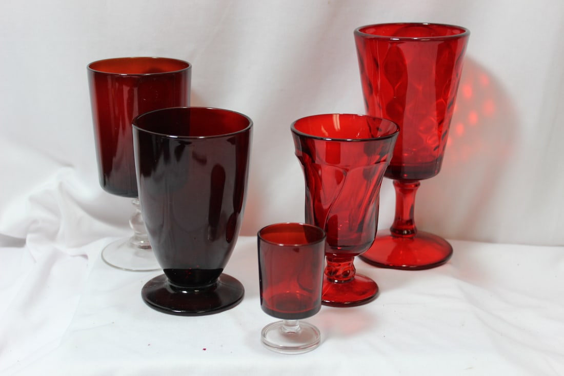 Lot of 5 Ruby Red Glass Articles: tallest= 7"