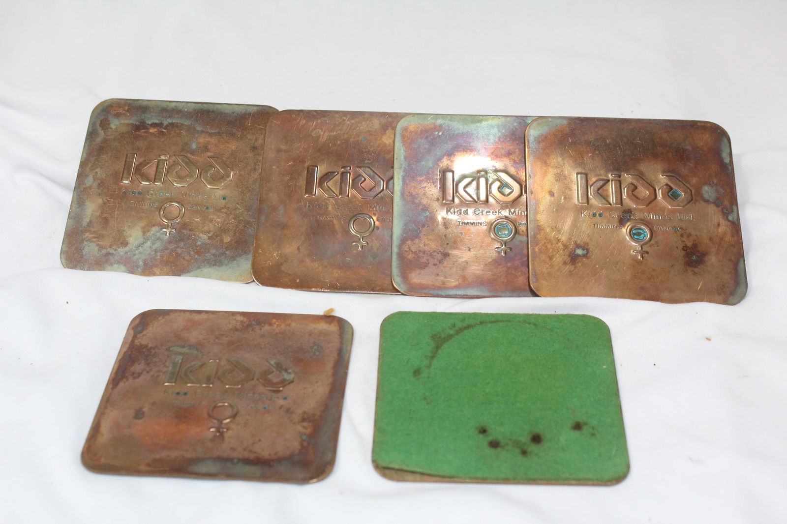 Set of 6 Vintage Kidd Coasters: Kidd Creek brass/ bronze - 3 1/2" square