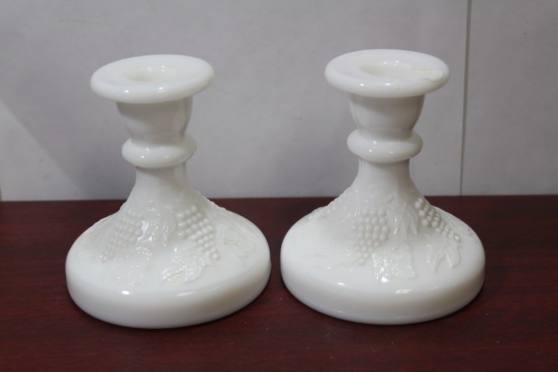 A Pair of Milkglass Candlesticks: 4 1/2" tall each
