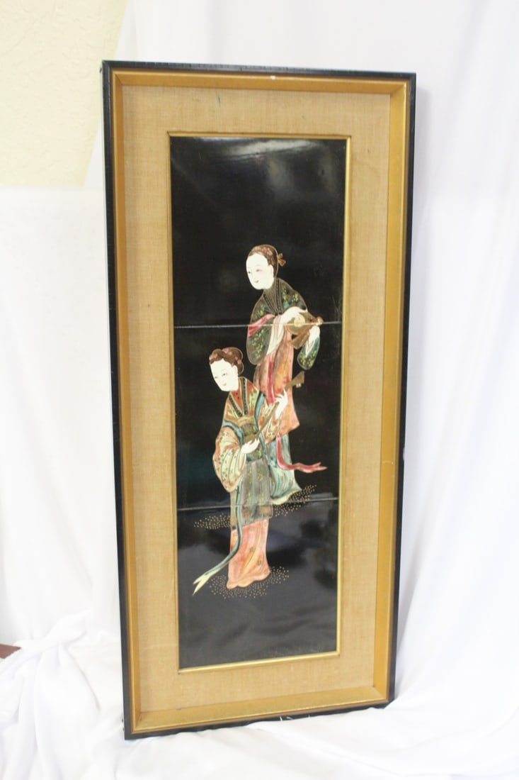 A Chinese Painting on Tiles: Framed - overall= 22 3/4" x 9 1/2"