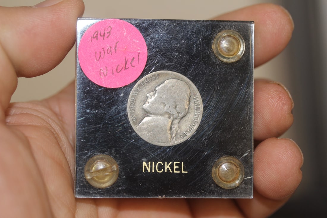 1943 War Nickel: 35% silver - inside a vintage lucite case