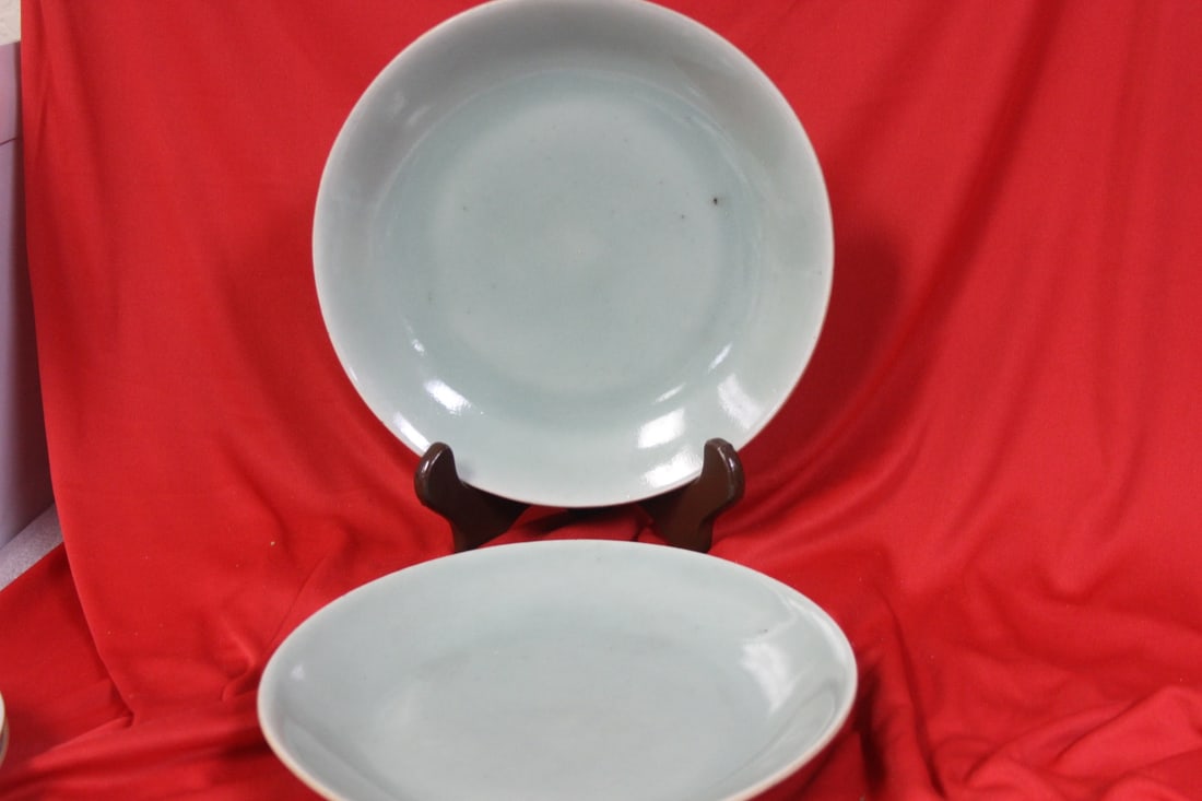 Set of Two Chinese Celadon Plates: 19th century - both signed - 9 1/4" in diameter