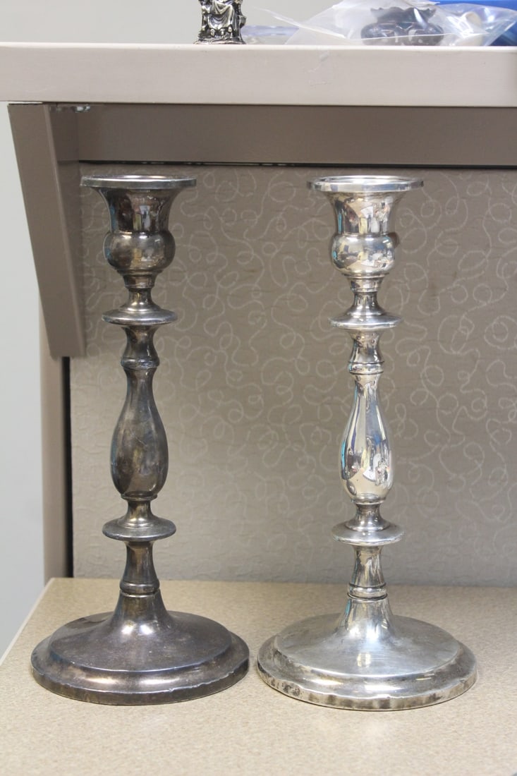 Pair of Weighted Sterling Candlesticks: please note: needs to be cleaned and one has rim dents as shown - 10 1/2"