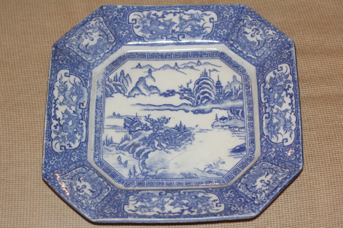 Antique Japanese Blue and White Imari Plate: 19th century - 10 5/8" square