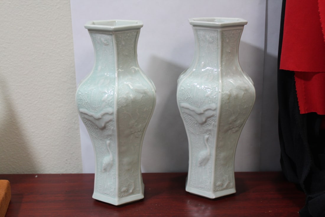 Pair of Chinese Celadon Hexagon Vases: 9 1/2" tall each