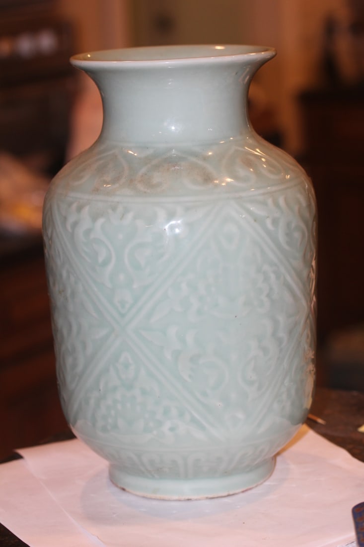 Chinese Celadon Vase: signed - 12 inches tall