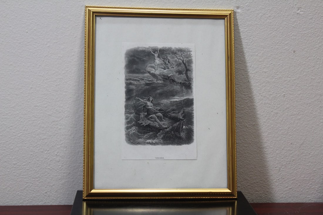 A Framed Etching: or engraving or print? - overall= 12" x 9 1/4" - sight= 7" x 4 5/8" - it is not examned out of the frame